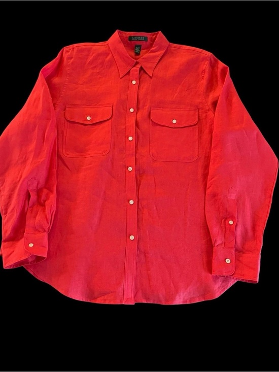 Ralph Lauren Tops - Lauren Ralph Button Up Shirt Womens XL Coral 100% Linen Roll Tab Coastal Beach